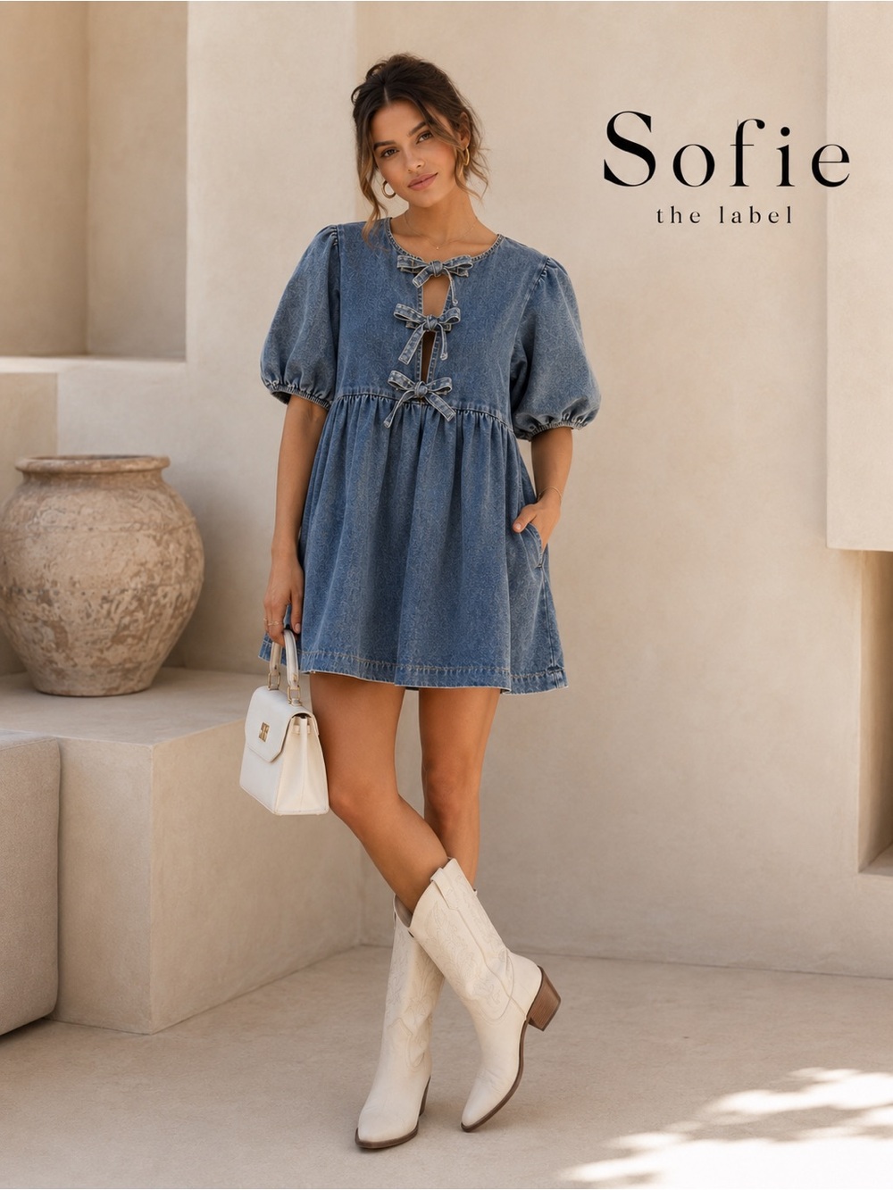 Sofie The Label Blue Dress Puff Sleeve M Coquette denim Western Boho babydoll